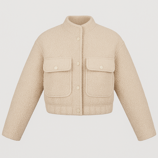 Beige bouclé cropped jacket with stand collar, snap button closure, long sleeves, and front flap pockets, displayed on a white background.