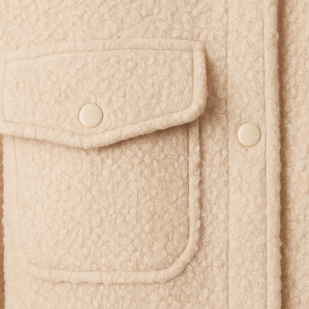 Beige bouclé cropped jacket with stand collar, snap button closure, long sleeves, and front flap pockets, displayed on a white background.