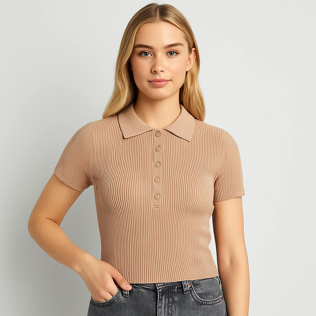 Beige short-sleeve ribbed knit polo top with button placket and pointed collar.