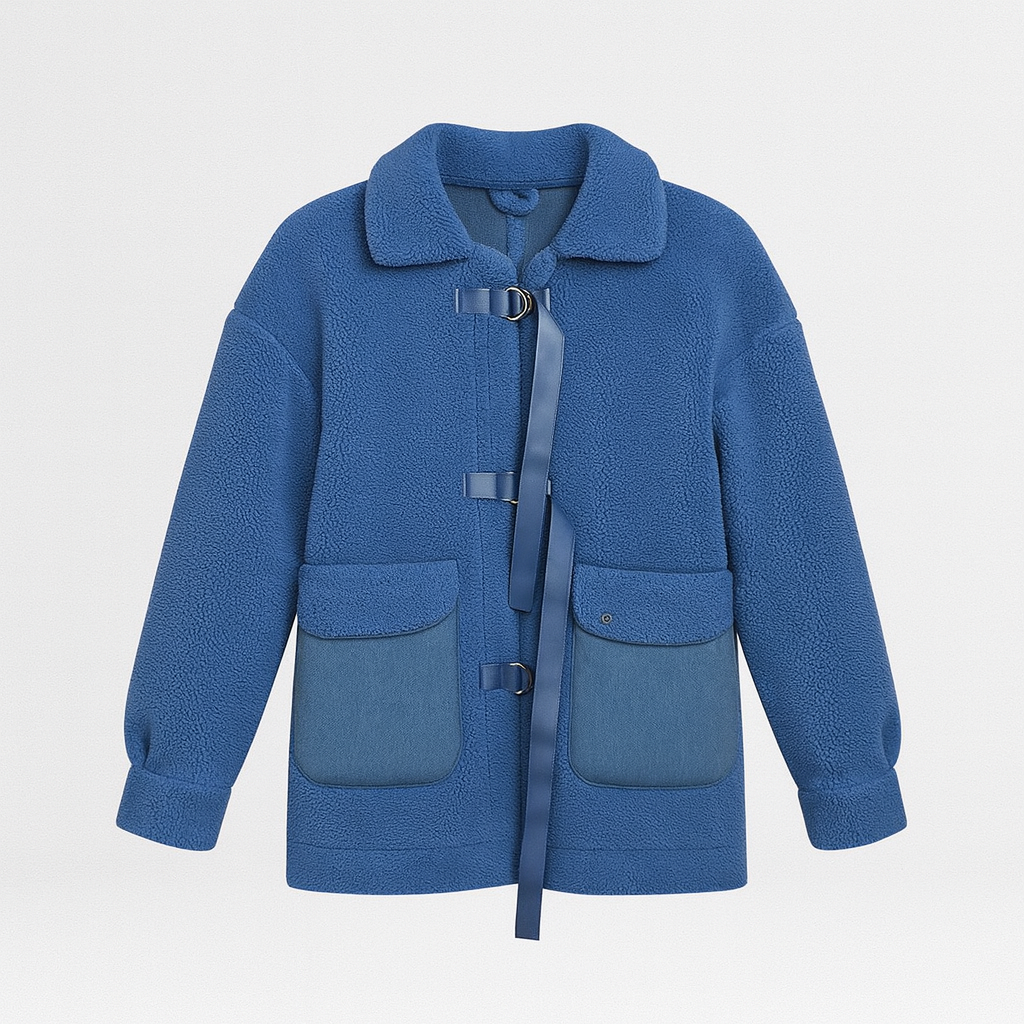 Blue fleece jacket with buckle closures, denim patch pockets, and a collared neckline.