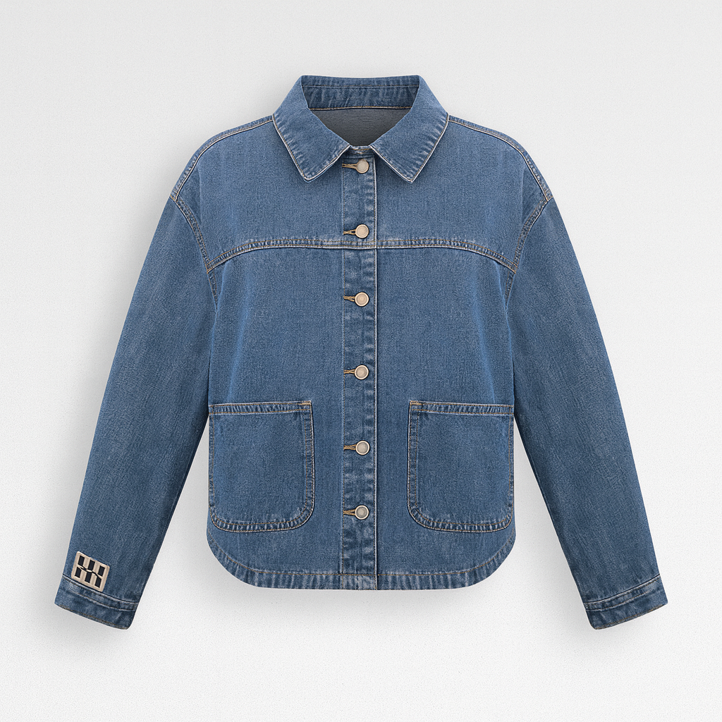 Blue denim jacket with snap-button closure, pointed collar, front patch pockets, and logo detail on the sleeve, displayed on a white background.