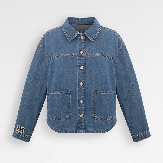 Blue denim jacket with snap-button closure, pointed collar, front patch pockets, and logo detail on the sleeve, displayed on a white background.