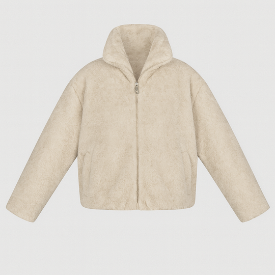 Beige faux fur cropped jacket with hooded collar, zip closure, and long sleeves.