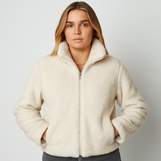 Beige faux fur cropped jacket with hooded collar, zip closure, and long sleeves.