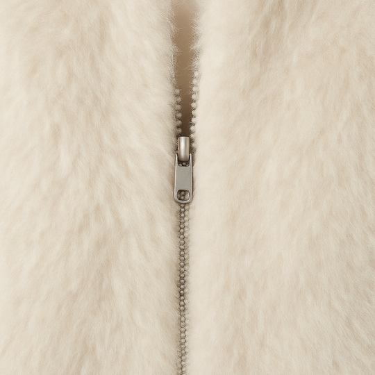Beige faux fur cropped jacket with hooded collar, zip closure, and long sleeves.