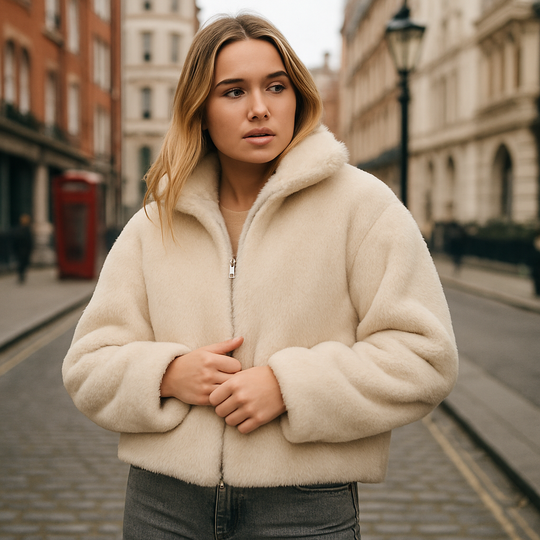 Beige faux fur cropped jacket with hooded collar, zip closure, and long sleeves.