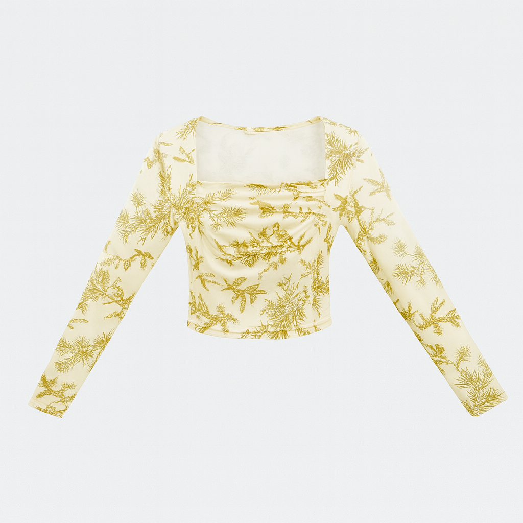 Cream botanical print long-sleeve top with square neckline and ruched bust.