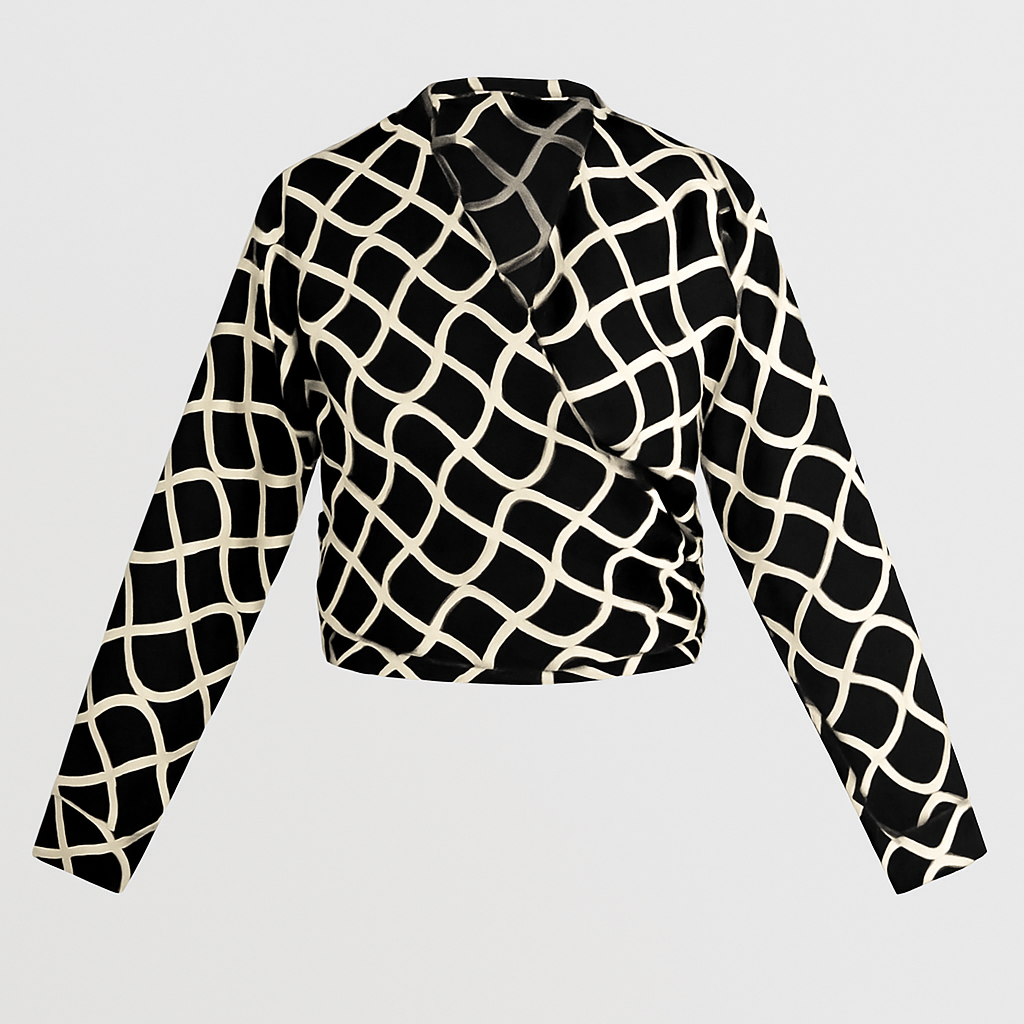 Black and white wrap blouse with geometric pattern, long sleeves, and cropped cut.