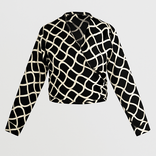 Black and white wrap blouse with geometric pattern, long sleeves, and cropped cut.