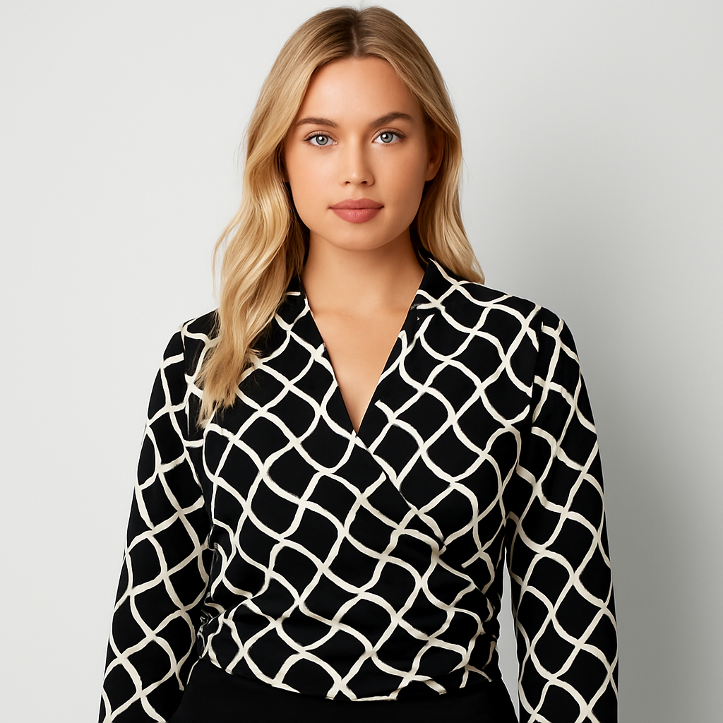 Black and white wrap blouse with geometric pattern, long sleeves, and cropped cut.