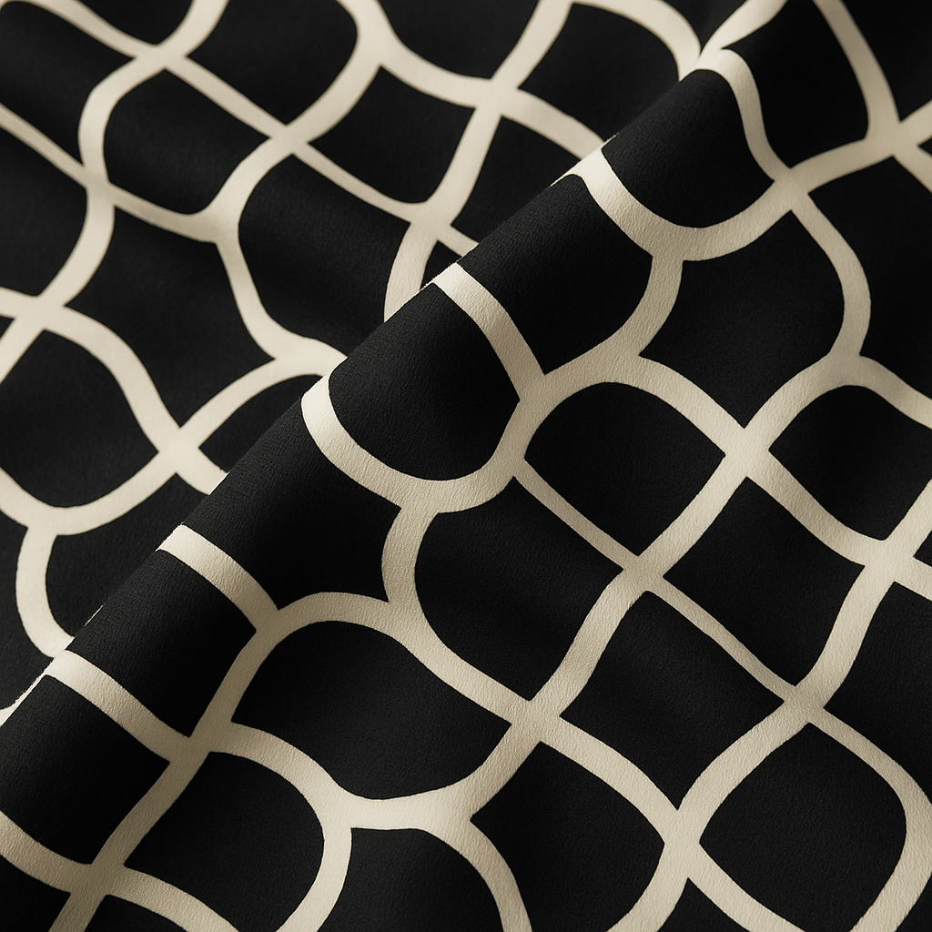 Black and white wrap blouse with geometric pattern, long sleeves, and cropped cut.