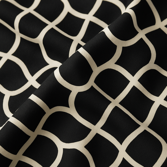 Black and white wrap blouse with geometric pattern, long sleeves, and cropped cut.