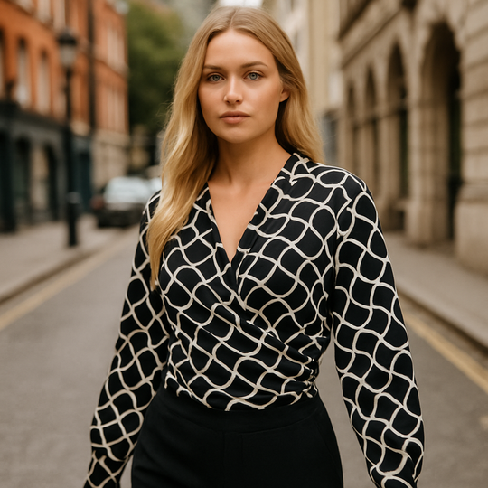 Black and white wrap blouse with geometric pattern, long sleeves, and cropped cut.