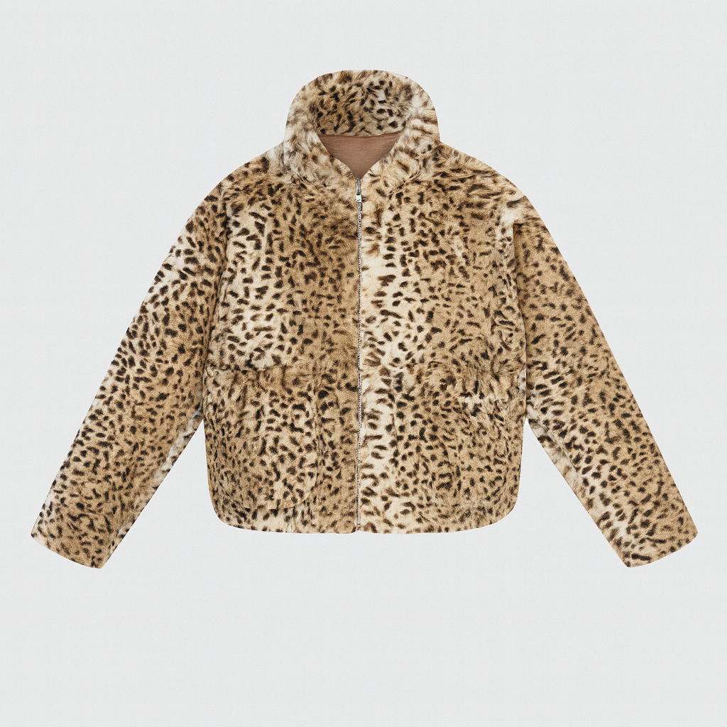 Leopard print faux fur jacket with zip closure and stand collar.