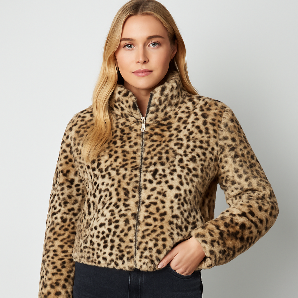 Leopard print faux fur jacket with zip closure and stand collar.