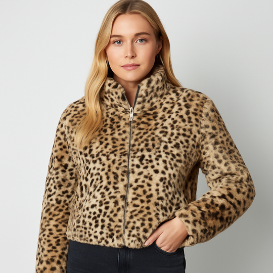 Leopard print faux fur jacket with zip closure and stand collar.