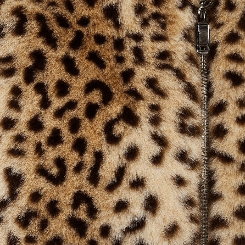 Leopard print faux fur jacket with zip closure and stand collar.