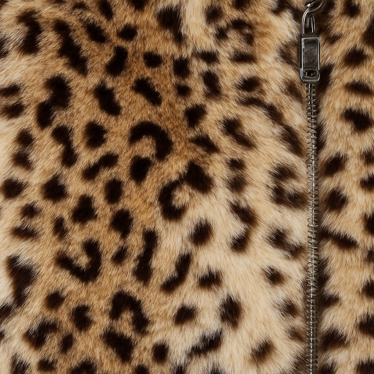 Leopard print faux fur jacket with zip closure and stand collar.