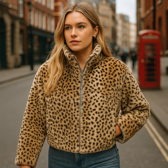 Leopard print faux fur jacket with zip closure and stand collar.