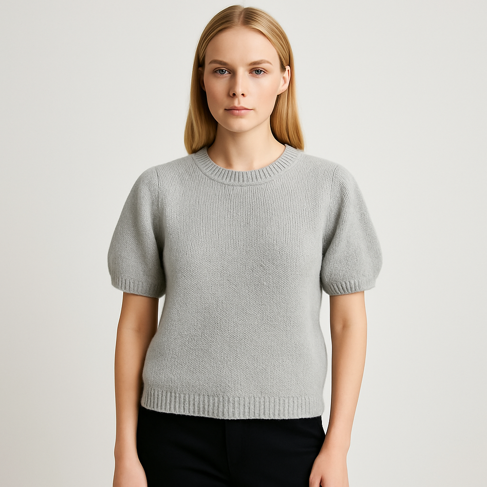 Light grey short-sleeve knit top with crew neck and ribbed trims.