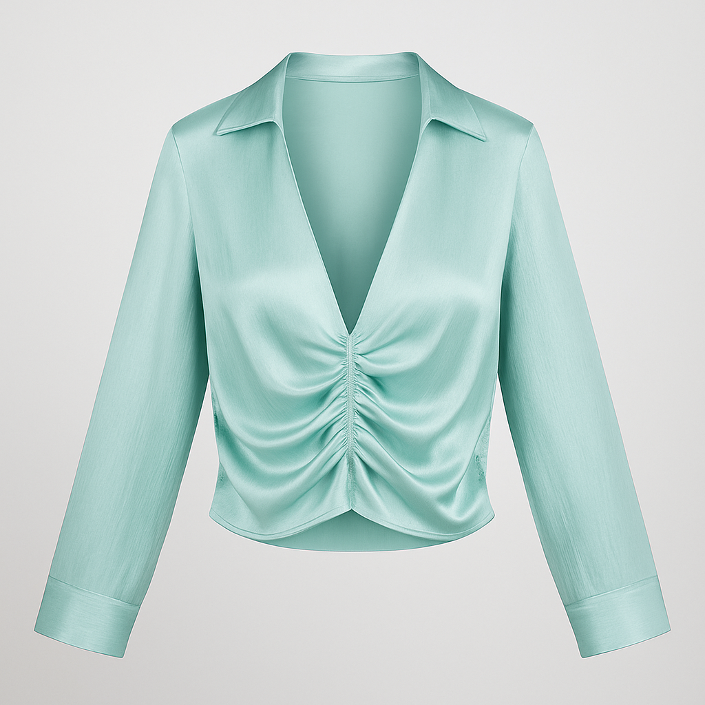 Aqua satin ruched blouse with plunging neckline and long sleeves.