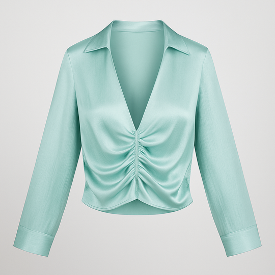 Aqua satin ruched blouse with plunging neckline and long sleeves.