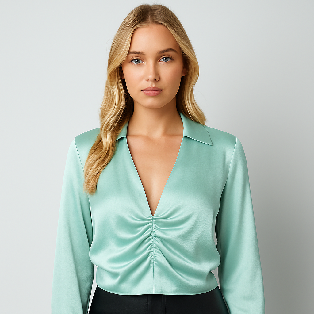 Aqua satin ruched blouse with plunging neckline and long sleeves.