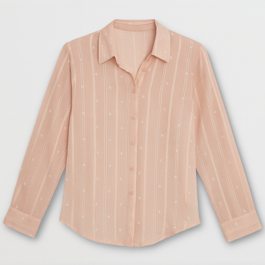 Blush pink button-down blouse with vertical stripes, dotted pattern, and long sleeves.