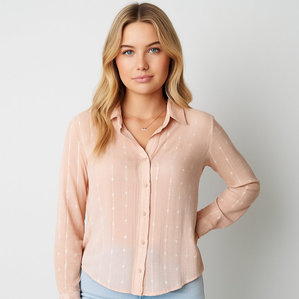 Blush pink button-down blouse with vertical stripes, dotted pattern, and long sleeves.