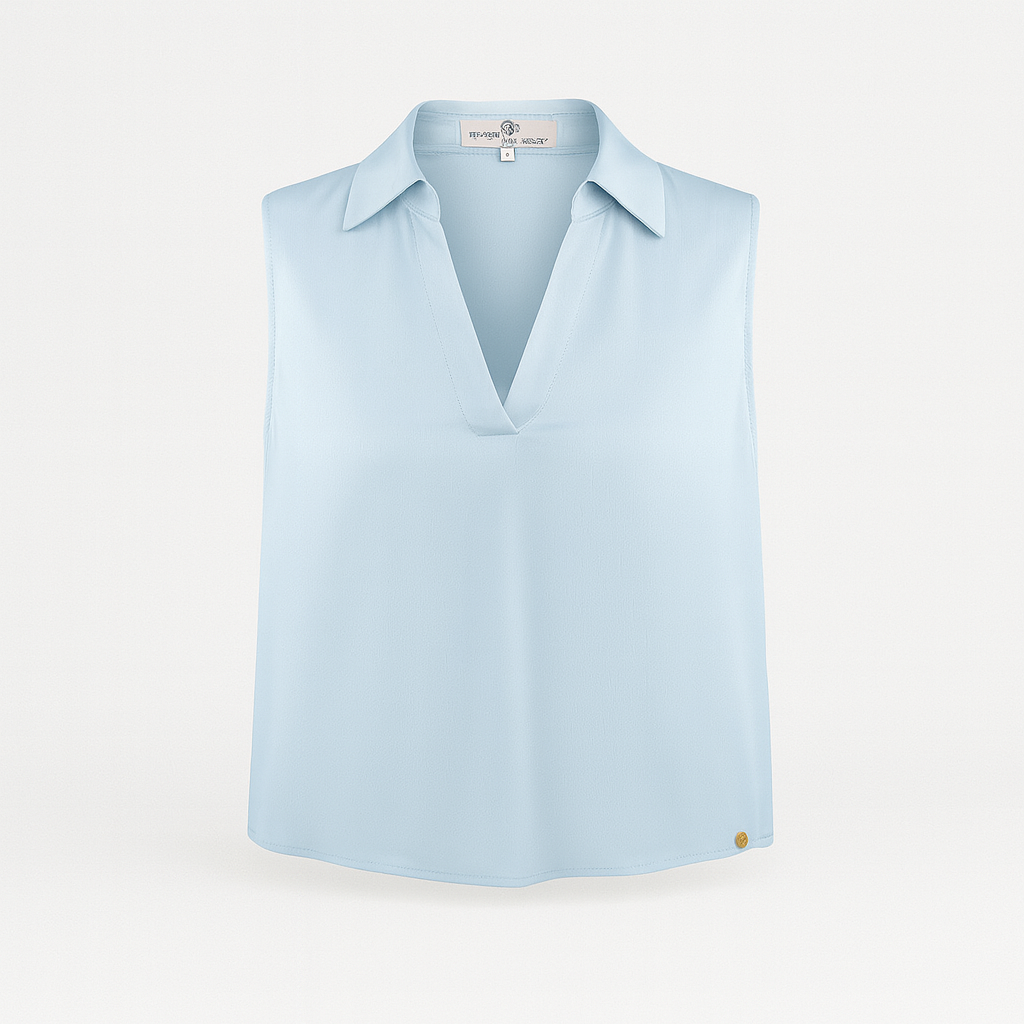 Light blue sleeveless blouse with a collared V-neckline and relaxed fit.