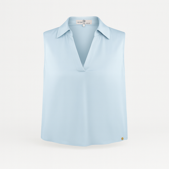 Light blue sleeveless blouse with a collared V-neckline and relaxed fit.