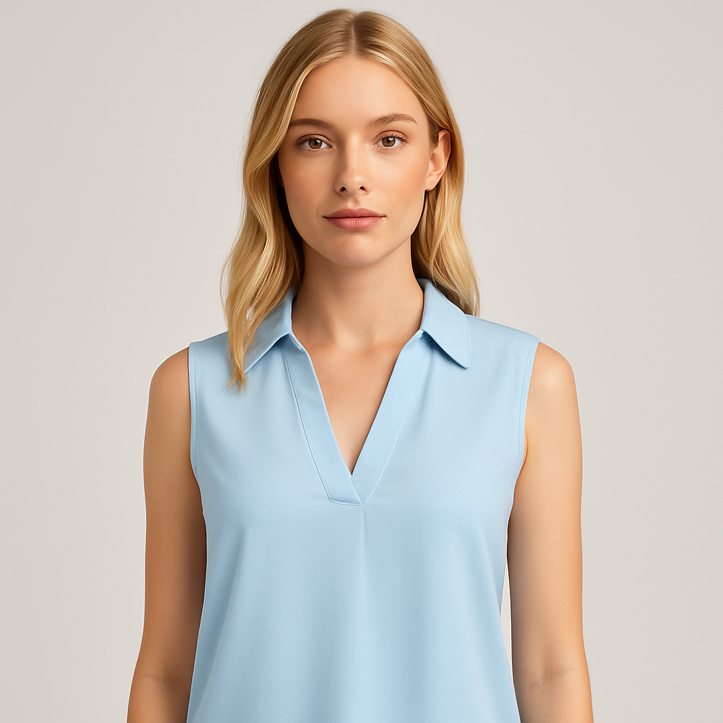 Light blue sleeveless blouse with a collared V-neckline and relaxed fit.