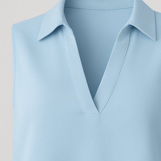 Light blue sleeveless blouse with a collared V-neckline and relaxed fit.