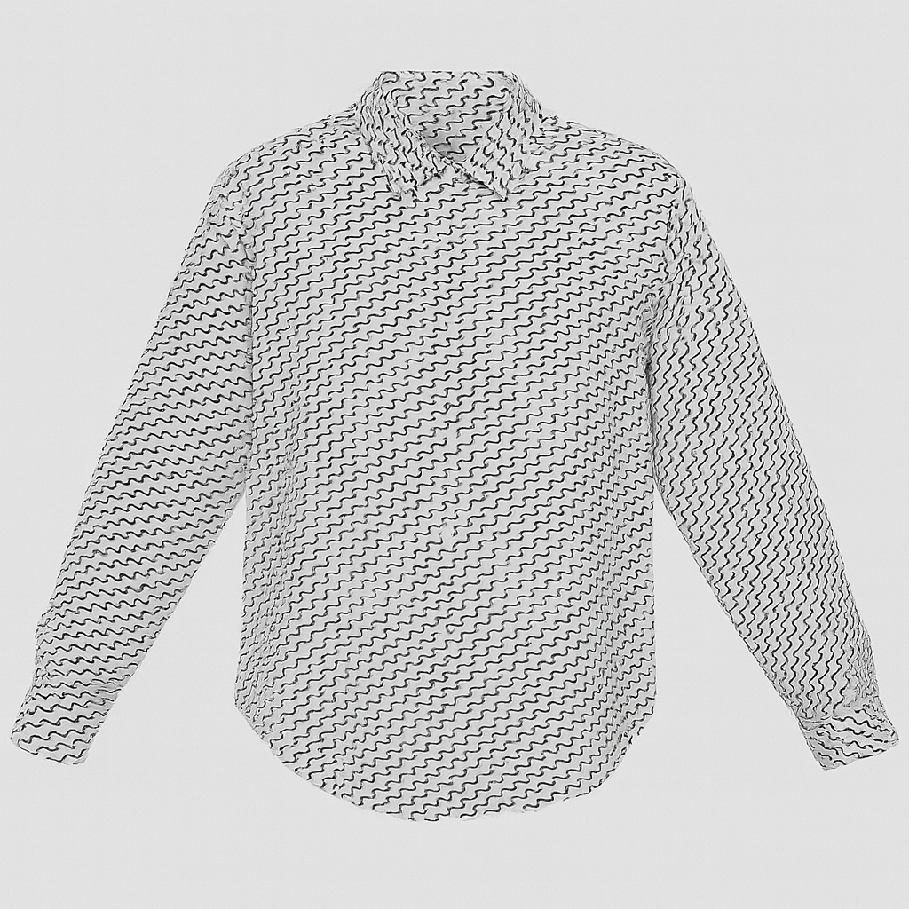 White button-down blouse with black geometric wave print and long sleeves.