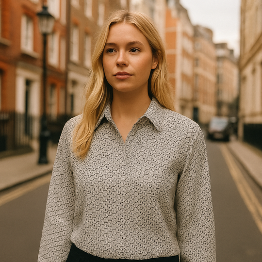 White button-down blouse with black geometric wave print and long sleeves.