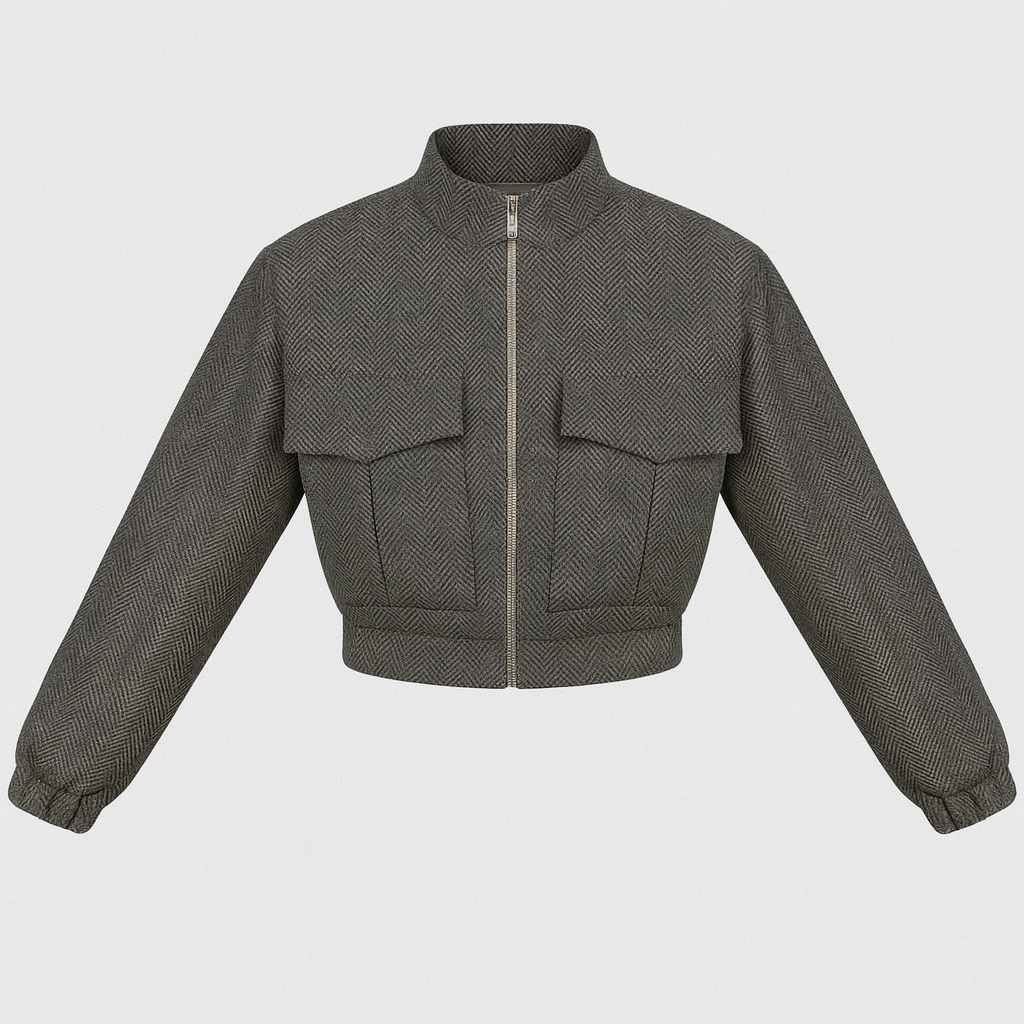 Cropped grey herringbone jacket with front zip closure, stand collar, and utility-style flap pockets.