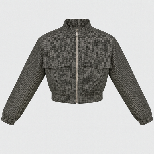 Cropped grey herringbone jacket with front zip closure, stand collar, and utility-style flap pockets.