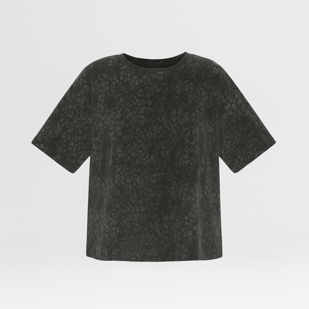 Charcoal short-sleeve t-shirt with abstract tonal shadow print and relaxed fit.