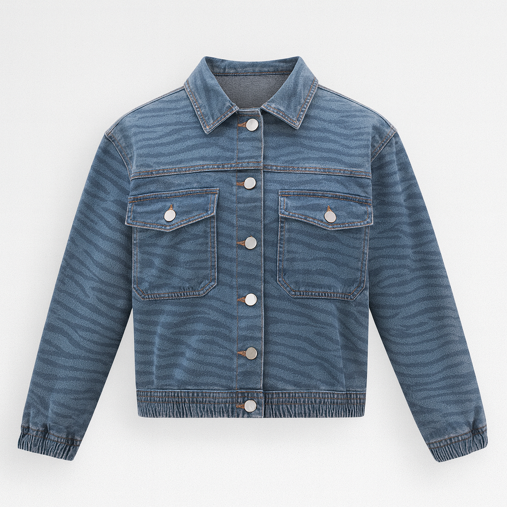 Blue denim jacket with subtle zebra pattern, button-front closure, flap chest pockets, and cropped elasticated hem, displayed on a white background.