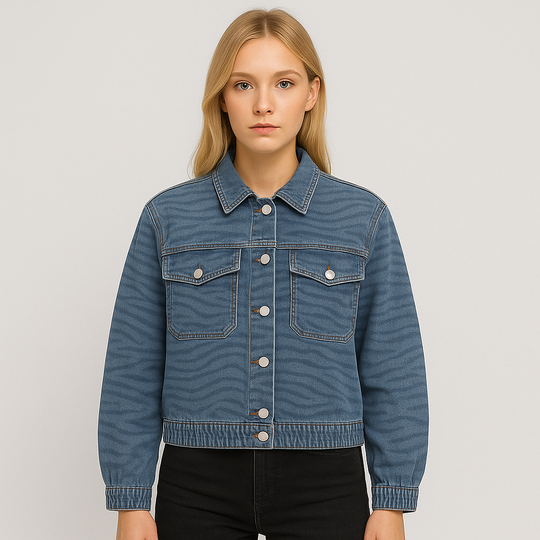 Blue denim jacket with subtle zebra pattern, button-front closure, flap chest pockets, and cropped elasticated hem, displayed on a white background.