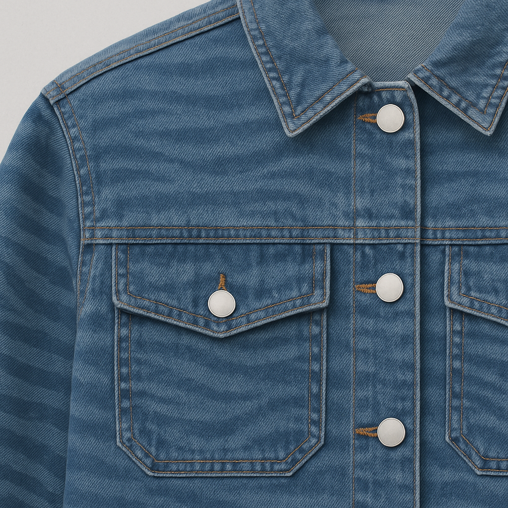 Blue denim jacket with subtle zebra pattern, button-front closure, flap chest pockets, and cropped elasticated hem, displayed on a white background.