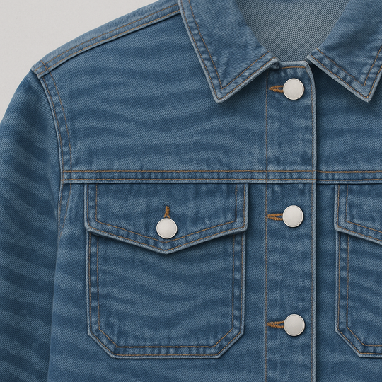 Blue denim jacket with subtle zebra pattern, button-front closure, flap chest pockets, and cropped elasticated hem, displayed on a white background.
