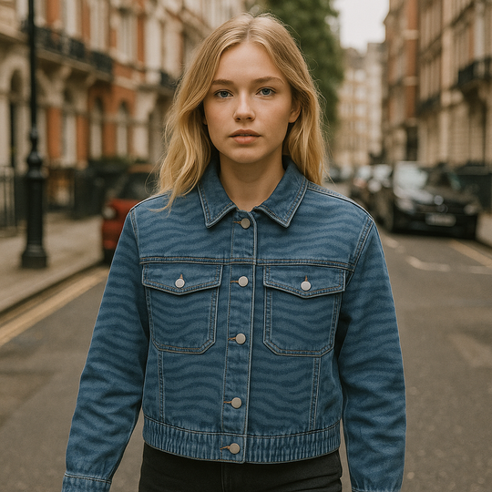 Blue denim jacket with subtle zebra pattern, button-front closure, flap chest pockets, and cropped elasticated hem, displayed on a white background.