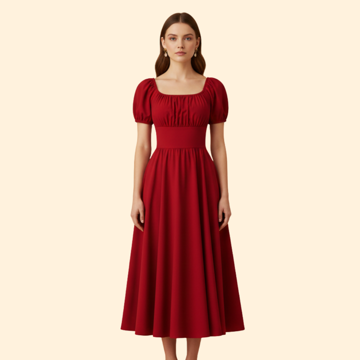 Women's A-Line Dress with Puff Sleeves