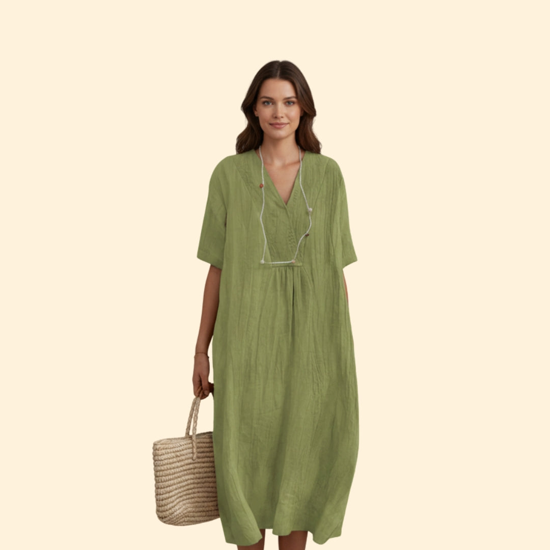 Women’s A-Line Dress with V-Neck and Buttons