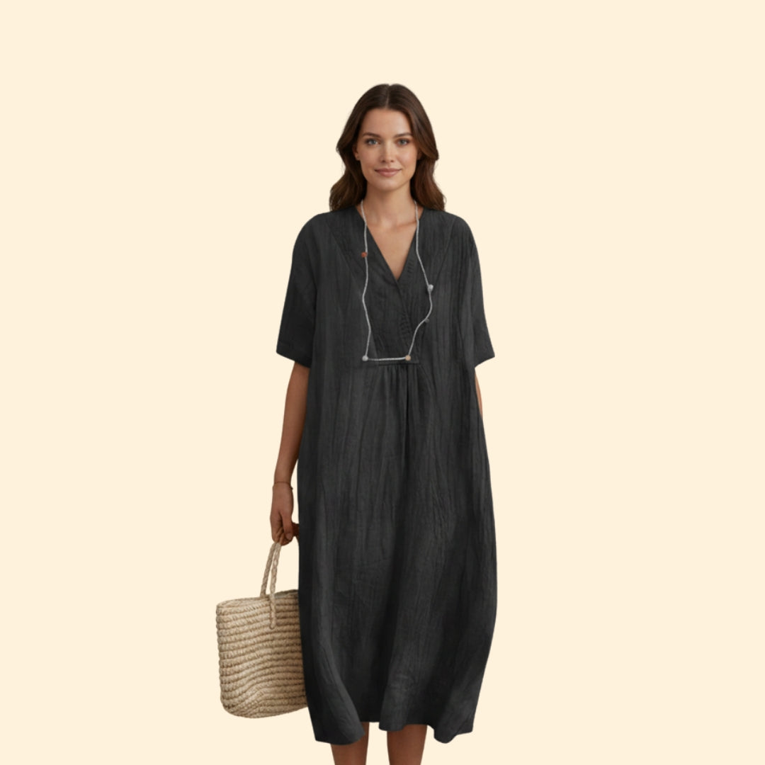 Women’s A-Line Dress with V-Neck and Buttons