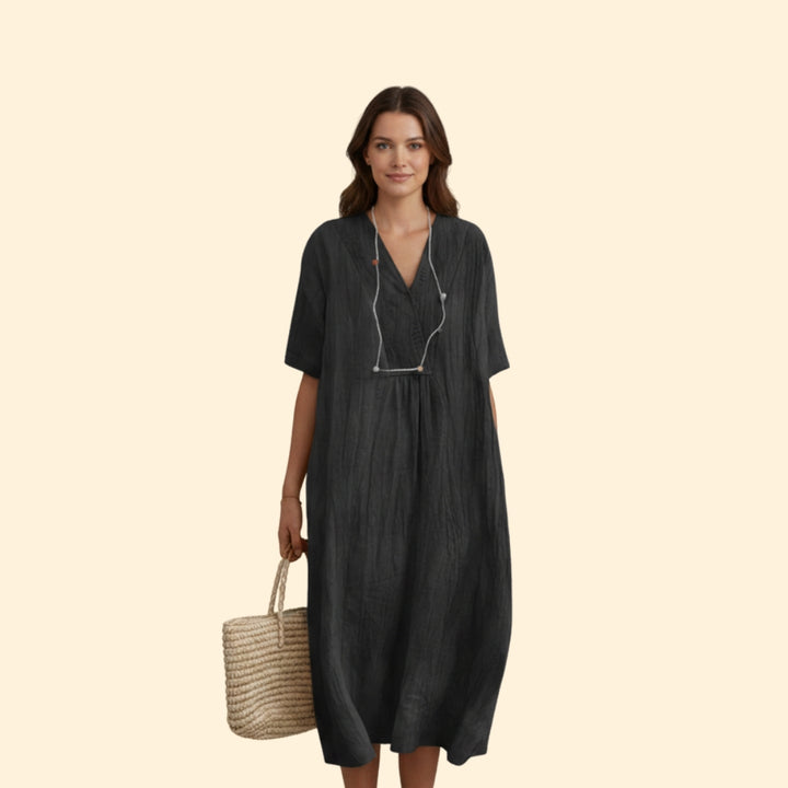 Women’s A-Line Dress with V-Neck and Buttons
