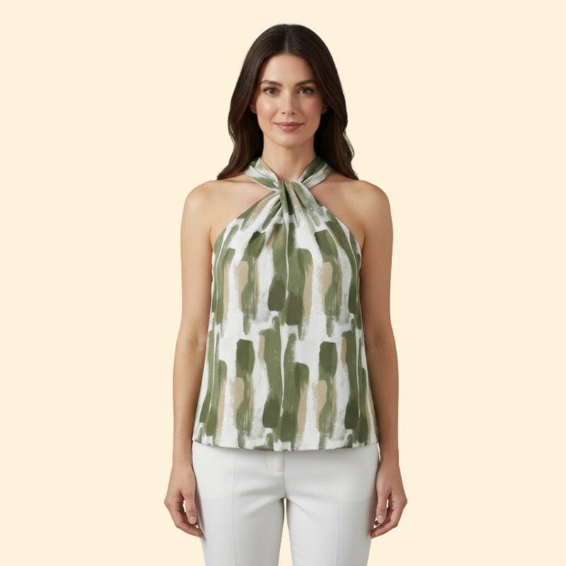 Women’s Abstract Print Halter Top with V-Neck