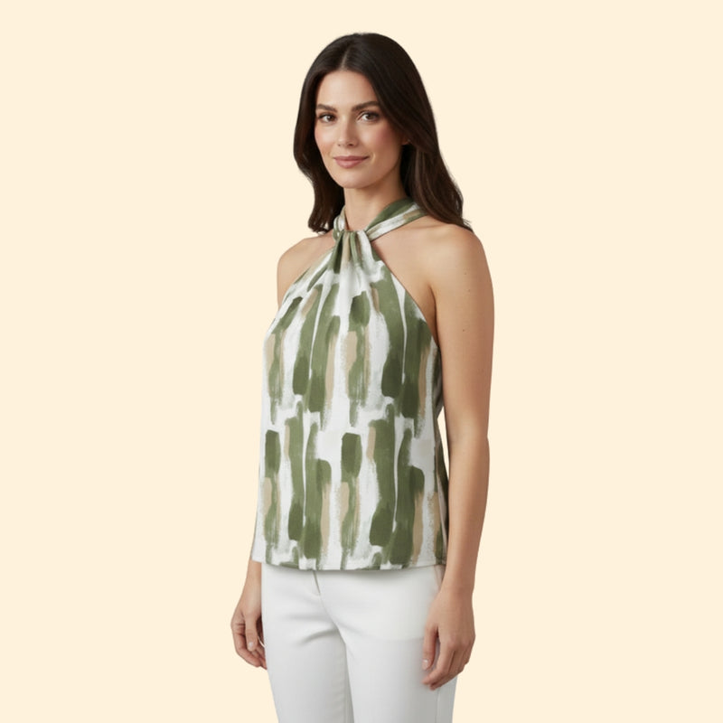 Women’s Abstract Print Halter Top with V-Neck