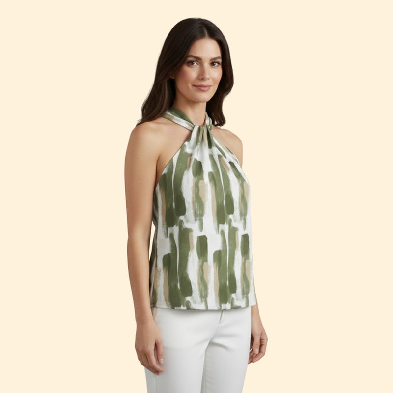 Women’s Abstract Print Halter Top with V-Neck